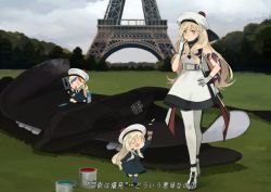 Rule 34 | 3girls, :d, annin musou, armband, bad id, bad twitter id, beret, black dress, blonde hair, blue eyes, blue hair, commandant teste (kancolle), commentary request, dress, dual persona, eiffel tower, gloves, hat, holding, kantai collection, long hair, long sleeves, mole, mole under eye, multicolored clothes, multicolored gloves, multiple girls, open mouth, paint, pom pom (clothes), red hair, richelieu (kancolle), smile, thighhighs, translation request, white dress, white hair, white legwear