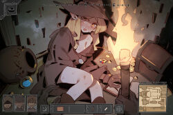 Rule 34 | 1girl, :o, blonde hair, blush, book, boots, bottle, breasts, brown footwear, brown gloves, brown headwear, collarbone, dark and darker, fire, gem, gloves, gold, gsusart, holding, holding torch, jewelry, large breasts, long hair, looking at viewer, open book, pointy ears, pov, sweat, torch, treasure chest, yellow eyes