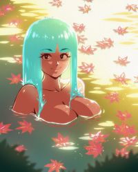 Rule 34 | 1girl, akairiot, autumn leaves, bare shoulders, black eyes, blue hair, blunt bangs, blurry, blurry foreground, breasts, cleavage, commentary, highres, kelda (akairiot), large breasts, liquid hair, long hair, looking at viewer, nude, original, partially submerged, smile, solo, symbol-only commentary, upper body, water