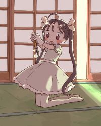 Rule 34 | 1girl, 1nupool, :o, ahoge, black hair, boxcutter, commentary, dress, gloves, highres, indoors, kneeling, long hair, original, pantyhose, seppuku, short sleeves, shouji, sliding doors, solo, symbol-only commentary, tatami, twintails