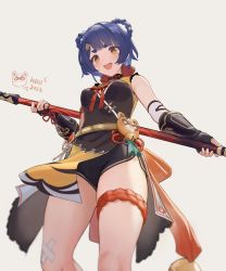 Rule 34 | 1girl, bandages, bell, blue hair, china dress, chinese clothes, dress, fingerless gloves, from below, gauntlets, genshin impact, gloves, hair rings, highres, holding, holding polearm, holding weapon, looking down, pelvic curtain, polearm, ribbon, shorts, talisman, thigh strap, u jie, weapon, xiangling (genshin impact), yellow eyes