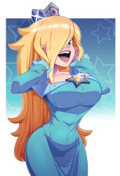 Rule 34 | 1girl, blonde hair, blue eyes, breasts, brooch, cowboy shot, crown, dress, hands on own cheeks, hands on own face, hands up, highres, jewelry, large breasts, long hair, mario (series), narrow waist, nintendo, open mouth, ravenravenraven, rosalina, smile, solo, super mario galaxy, tight clothes, tight dress, wide hips
