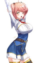 Rule 34 | +++, 1girl, bad id, bad twitter id, belt, black thighhighs, blue skirt, blush, breasts, chestnut mouth, contrapposto, cowboy shot, framed breasts, hand up, high-waist skirt, kfr, large breasts, long sleeves, looking at viewer, medium breasts, necktie, one eye closed, open mouth, philuffy aingram, pink hair, red necktie, saijaku muhai no bahamut, shirt, short hair, simple background, skirt, solo, standing, stretching, thighhighs, twintails, white background, white shirt, yawning, yellow eyes, zettai ryouiki