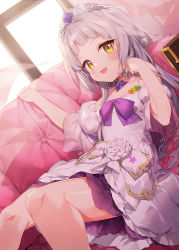 Rule 34 | 1girl, :d, blunt bangs, commentary request, couch, day, dress, dutch angle, fang, feet out of frame, grey hair, hands up, hololive, long hair, looking at viewer, lying, murasaki shion, on back, on couch, open mouth, puffy sleeves, smile, solo, sunlight, tiara, tousaki shiina, transparent, veil, very long hair, virtual youtuber, wedding dress, white dress, wide sleeves, window, yellow eyes