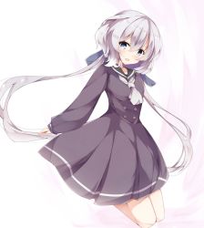 Rule 34 | 10s, 1girl, :d, black dress, black sailor collar, blue eyes, blue ribbon, blush, commentary request, dress, fuuna, grey hair, grey neckwear, hair between eyes, hair ribbon, head tilt, highres, konno junko, long hair, long sleeves, low twintails, open mouth, pleated dress, puffy long sleeves, puffy sleeves, ribbon, sailor collar, sailor dress, sleeves past wrists, smile, solo, twintails, very long hair, zombie land saga