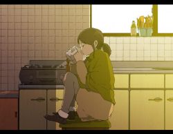 Rule 34 | 1girl, bad id, bad pixiv id, cup, drinking, kitchen, letterboxed, mug, name (pixiv), name (sh), original, ponytail, short hair, solo, stool