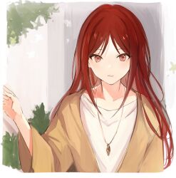 Rule 34 | 1girl, brown jacket, collarbone, jacket, jewelry, long hair, lpip, original, parted bangs, parted lips, pendant, red eyes, red hair, shirt, solo, upper body, very long hair, white shirt