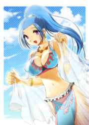 Rule 34 | 1girl, :d, alabasta, arabian clothes, blue hair, breasts, cleavage, cloud, earrings, jewelry, large breasts, long hair, looking at viewer, midriff, nanjoh33, navel, necklace, nefertari vivi, one piece, open mouth, ponytail, purple eyes, smile, solo
