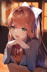 Rule 34 | 1girl, absurdres, azna, bow, brown hair, desk, doki doki literature club, green eyes, highres, long hair, monika (doki doki literature club), open mouth, own hands together, school uniform, smile, white bow