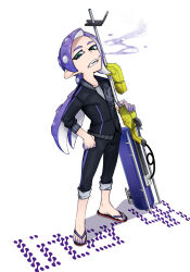 Rule 34 | 1boy, absurdres, black jacket, cigarette, colored extremities, colored inner hair, commentary request, e-liter 4k (splatoon), fangs, flip-flops, full body, green eyes, highres, jacket, long hair, long sleeves, looking at viewer, low ponytail, male focus, multicolored hair, nintendo, octoling, octoling boy, octoling player character, pointy ears, purple hair, sandals, simple background, smoke trail, smoking, solo, splatoon (series), standing, tentacle hair, white background, white hair, zzb azz