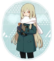 Rule 34 | 1boy, afuro terumi, blush, coat, inazuma eleven, inazuma eleven (series), l hakase, long hair, looking at viewer, male focus, mittens, open mouth, orange eyes, scarf, solo, very long hair, winter
