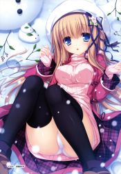 Rule 34 | 1girl, absurdres, black thighhighs, blue eyes, blush, breasts, brown hair, coat, hat, highres, kawasumi yurika, knees together feet apart, knees up, lying, magicalic sky high, mikagami mamizu, panties, ribbed sweater, snow, snow rabbit, snowing, snowman, solo, sweater, thighhighs, turtleneck, underwear, white panties