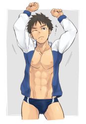 Rule 34 | 1boy, blue male swimwear, blue swim briefs, brown hair, closed mouth, cowboy shot, highres, jacket, male focus, male swimwear, nipples, one eye closed, open clothes, open jacket, pectorals, solo, stretching, swim briefs, swimsuit, thighs, topless male, torakichi (ebitendon)