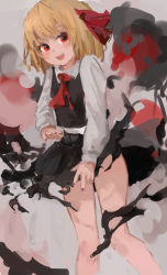 Rule 34 | 1girl, abstract background, absurdres, black nails, black skirt, black vest, blonde hair, blush, collared shirt, feet out of frame, hair ribbon, highres, knees together feet apart, long sleeves, looking at viewer, nail polish, necktie, red eyes, red necktie, red ribbon, reddizen, ribbon, rumia, sharp teeth, shirt, short hair, skirt, skirt set, solo, standing, teeth, touhou, vest, white shirt