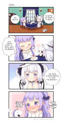 Rule 34 | 2girls, 4koma, ;d, ?, anchor symbol, animal, arm support, azur lane, bad id, bad pixiv id, black bow, black ribbon, blue eyes, blue sky, blush, bow, cake, cake slice, cat, chair, closed mouth, comic, cup, curtains, day, detached sleeves, dress, elbow gloves, flying sweatdrops, food, food on face, foreign blue, fruit, gloves, hair bun, hair ornament, hair ribbon, halterneck, hat, highres, illustrious (azur lane), indoors, long hair, long sleeves, multiple girls, nose blush, on chair, one eye closed, one side up, open mouth, pantyhose, plate, purple eyes, purple hair, ribbon, saucer, side bun, silver hair, single hair bun, single side bun, sitting, sky, sleeves past wrists, smile, spoken question mark, strawberry, stuffed animal, stuffed pegasus, stuffed toy, stuffed unicorn, stuffed winged unicorn, table, teacup, teapot, unicorn (azur lane), very long hair, wall lamp, white dress, white gloves, white hat, white legwear, window
