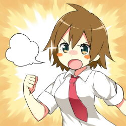 Rule 34 | 1girl, blank speech bubble, blush stickers, brown background, brown hair, clenched hand, collared shirt, dot nose, green eyes, looking ahead, moe musume, necktie, open mouth, pixiv, red necktie, redrawn, shirt, short hair, short sleeves, sky-freedom, solo, speech bubble, upper body, white shirt