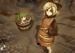 Rule 34 | 2girls, bad id, bad pixiv id, bucket, cave, female focus, from above, had (had314), hand on own hip, in bucket, in container, kisume, kurodani yamame, looking up, multiple girls, silk, smile, spider web, touhou