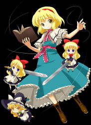 Rule 34 | 1girl, alice margatroid, black background, blonde hair, blue dress, blue eyes, book, bow, character doll, dress, female focus, full body, hair bow, hat, hat bow, headband, holding, holding book, kirisame marisa, looking at viewer, michii yuuki, open book, shanghai doll, smile, solo, string, sword, touhou, weapon, witch hat, yellow eyes
