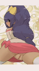 Rule 34 | 1girl, aged up, bare shoulders, big hair, brown eyes, censored, commentary request, creatures (company), dark-skinned female, dark skin, game freak, hair tie, highres, iris (pokemon), letterboxed, long hair, looking back, makoto daikichi, miniskirt, mosaic censoring, nintendo, open mouth, pink skirt, pokemon, pokemon (anime), pokemon bw (anime), purple hair, pussy, shirt, skirt, solo, spread legs, thighhighs, two side up, white thighhighs