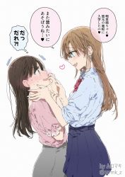 Rule 34 | 2girls, blue eyes, blush, bow, bowtie, brown eyes, brown hair, child, commentary request, earrings, grey background, heart, highres, holding hands, jewelry, light brown hair, looking at another, multiple girls, muromaki, nervous, aged up, open mouth, original, pink shirt, pleated skirt, school uniform, shirt, short sleeves, simple background, skirt, speech bubble, sweatdrop, tall female, text focus, translated, white background, yuri