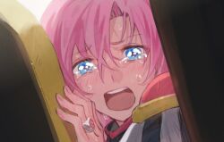 Rule 34 | 1girl, blue eyes, blush, commentary request, crying, crying with eyes open, derivative work, epaulettes, furrowed brow, hair between eyes, hand up, jewelry, looking at viewer, open mouth, pink hair, ring, sad, scratches, screenshot redraw, shoujo kakumei utena, solo, sweatdrop, tears, tenjou utena, ugonba (howatoro), upper body