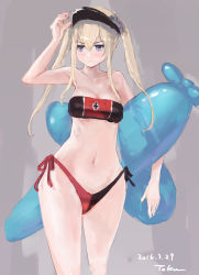 Rule 34 | &gt;:|, 10s, 1girl, :|, adapted costume, armpits, bandeau, bikini, black bikini, blonde hair, blush, breasts, cleavage, closed mouth, collarbone, cowboy shot, cross, dated, graf zeppelin (kancolle), grey background, groin, hair between eyes, hand up, hip focus, holding, inflatable toy, iron cross, kantai collection, large breasts, long hair, looking to the side, navel, panties, purple eyes, red bikini, ribs, side-tie bikini bottom, side-tie panties, sidelocks, signature, silver hair, simple background, sketch, solo, standing, strapless, swimsuit, thighs, toka (marchlizard), twintails, underwear, v-shaped eyebrows, visor cap, wide hips