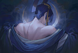 Rule 34 | 1boy, bare shoulders, blue background, blue hair, blue kimono, cloud, crescent, dressing, eyelashes, from behind, hair ornament, headgear, highres, japanese clothes, kimono, lalatia-meai, long sleeves, male focus, mikazuki munechika, outstretched arms, short hair, tassel, tassel hair ornament, touken ranbu, upper body