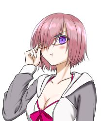 Rule 34 | absurdres, adjusting eyewear, blush, breasts, cleavage, collarbone, eyewear visible through hair, fate/grand order, fate (series), from side, glasses, hair over one eye, halterneck, hand on eyewear, highres, hood, hoodie, light purple hair, mash kyrielight, mash kyrielight (swimsuit of perpetual summer), official alternate costume, one-piece swimsuit, pink hair, pout, purple eyes, red-framed eyewear, simple background, standing, swimsuit, swimsuit under clothes, user ujzx4875, v-shaped eyebrows, white background, white one-piece swimsuit