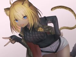 Rule 34 | 1girl, :d, absurdres, ahoge, animal ear fluff, animal ears, arknights, black jacket, black nails, black shirt, blonde hair, breasts, commentary request, covered navel, ear piercing, fang, hair between eyes, hand up, highres, jacket, leopard ears, leopard girl, leopard tail, looking at viewer, morgan (arknights), nail polish, open clothes, open jacket, open mouth, piercing, pink background, shirt, short shorts, shorts, simple background, sleeves past wrists, small breasts, smile, solo, tail, thigh gap, torn clothes, torn jacket, v, white shorts, yunnasu