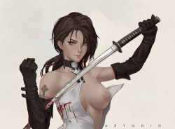 Rule 34 | 1girl, aged up, asymmetrical hair, aztodio, bare shoulders, blood, blood on clothes, breasts, choker, cleavage, detached collar, earrings, elbow gloves, fire emblem, fire emblem: three houses, gloves, grey eyes, highres, holding, holding sword, holding weapon, jewelry, large breasts, looking at viewer, medium hair, nintendo, nipples, nose piercing, one breast out, piercing, shamir nevrand, smile, smirk, solo, sword, tattoo, weapon