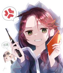 Rule 34 | 2girls, anger vein, battery indicator, blue hood, cellphone, cheryl (girls&#039; frontline), electric toothbrush, eyewear on head, girls&#039; frontline, green eyes, grin, highres, holding, holding phone, holding toothbrush, hood, hoodie, long hair, looking at viewer, multiple girls, phone, red hair, scar-h (girls&#039; frontline), simple background, smartphone, smile, speech bubble, spoken anger vein, sunglasses, thought bubble, toothbrush, upper body, white background, yuhazu 26