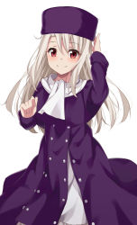 Rule 34 | 1girl, arm up, blush, closed mouth, coat, commentary request, fate/stay night, fate (series), fur hat, hair between eyes, hand on headwear, hat, head tilt, highres, illyasviel von einzbern, kohakope, light brown hair, long hair, long sleeves, papakha, purple coat, purple hat, red eyes, scarf, simple background, smile, solo, very long hair, white background, white scarf