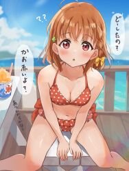 1girl ? bikini blue_eyes breasts cleavage commentary_request feet_out_of_frame food frilled_bikini frills hair_ribbon highres looking_at_viewer love_live! love_live!_sunshine!! medium_breasts nekomarunisei orange_bikini orange_hair outstretched_arms polka_dot polka_dot_bikini red_eyes ribbon shaved_ice short_hair sitting solo swimsuit takami_chika translated