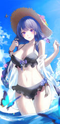 Rule 34 | 1girl, absurdres, bikini, black bikini, blue sky, blush, breasts, bug, butterfly, cleavage, cloud, cowboy shot, earrings, flower, frilled bikini, frills, genshin impact, hair flower, hair ornament, halterneck, halterneck, hands up, hat, highres, insect, iro (iro 252 ), jewelry, large breasts, lens flare, long hair, looking at viewer, mitsudomoe (shape), navel, ocean, off shoulder, open clothes, open shirt, parted lips, purple eyes, purple hair, raiden shogun, see-through, sky, smile, solo, stomach, straw hat, summer, sun hat, swimsuit, tassel, thigh gap, thighs, tomoe (symbol), wading, water