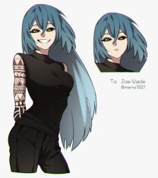 Rule 34 | 1girl, arm tattoo, arms behind back, bare arms, bare shoulders, black sclera, blue hair, borrowed character, colored sclera, hair between eyes, highres, lauliu, long hair, looking at viewer, original, parted lips, simple background, smile, solo, tattoo, teeth, twitter username, white background, yellow eyes