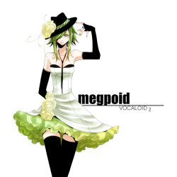 Rule 34 | 1girl, bare shoulders, black gloves, black thighhighs, dress, elbow gloves, fedora, fingerless gloves, flower, frills, gathers, gloves, green eyes, green hair, green nails, gumi, haruma (high drop), hat, jewelry, matching hair/eyes, nail polish, ring, rose, simple background, solo, thighhighs, vocaloid, white dress, yellow flower, yellow rose