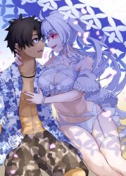 Rule 34 | 1boy, 1girl, ahoge, bare shoulders, black hair, bracelet, breasts, camouflage, camouflage shorts, commission, falling petals, fate/grand order, fate (series), fujimaru ritsuka (male), fujimaru ritsuka (male) (tropical summer), hand on another&#039;s chest, hand on another&#039;s neck, hawaiian shirt, hetero, highres, jewelry, lady avalon (fate), medium breasts, merlin (fate/prototype), open clothes, open mouth, open shirt, petals, pink nails, pixiv commission, red eyes, sand, shirt, shorts, sweatdrop, swimsuit, umbrella, white hair, yata masahara