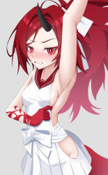 Rule 34 | 1girl, arm up, armpits, bare shoulders, blue archive, blush, breasts, clenched teeth, commentary request, dress, forehead, grey background, highres, horns, iseshi, looking at viewer, nose blush, pleated dress, ponytail, red eyes, red hair, red sailor collar, renge (blue archive), sailor collar, sailor dress, sideboob, simple background, single horn, sleeveless, sleeveless dress, small breasts, solo, teeth, white dress