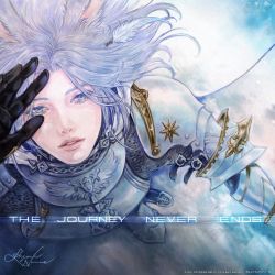 Rule 34 | 1boy, animal ears, armor, buckle, cape, chainmail, copyright notice, feather hair ornament, feathers, final fantasy, final fantasy xiv, grey eyes, hair ornament, highres, looking at viewer, looking up, official art, paladin (final fantasy), plate armor, rabbit ears, signature, silver hair, viera