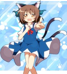 Rule 34 | 1girl, animal ears, blue dress, blush, bow, brown eyes, brown hair, cat ears, cat tail, chen, cirno, cirno (cosplay), cosplay, do (4-rt), dress, fang, hair bow, highres, looking at viewer, multiple tails, nekomata, open mouth, paw print, pointing, pointing at viewer, puffy sleeves, shirt, short hair, short sleeves, solo, sweatdrop, tail, touhou, wavy mouth