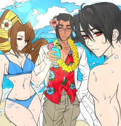Rule 34 | 1girl, 2boys, aged down, bikini, black hair, blue bikini, breasts, brown eyes, brown hair, caramelmochapie, cleavage, costa del sol, dirge of cerberus final fantasy vii, final fantasy, final fantasy vii, flower, flower necklace, glasses, grey eyes, grey pants, hair between eyes, hair flower, hair ornament, hair ribbon, hawaiian shirt, highres, jewelry, lab coat, lei, long hair, looking at viewer, lucrecia crescent, medium breasts, multiple boys, navel, necklace, pale skin, pants, parted bangs, ponytail, professor houjou, red eyes, ribbon, shirt, short hair, square enix, swimsuit, tan, topless male, tropical drink, upper body, vincent valentine, wet, yellow ribbon