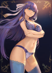 Rule 34 | 1girl, bare shoulders, blue bra, blue eyes, blue panties, blue thighhighs, blunt bangs, blush, bra, breasts, cleavage, closed mouth, crossed arms, fate/grand order, fate (series), gradient background, hair ribbon, highres, large breasts, long hair, looking at viewer, martha (fate), mashuu (neko no oyashiro), navel, panties, purple hair, ribbon, smile, solo, straight hair, thighhighs, thighs, underwear, underwear only, white ribbon