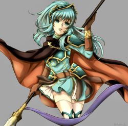 Rule 34 | 1girl, aqua eyes, aqua hair, armor, belt, brown gloves, cape, cosplay, earrings, eirika (fire emblem), ephraim (fire emblem), ephraim (fire emblem) (cosplay), fire emblem, fire emblem: the sacred stones, fire emblem heroes, gloves, grey background, holding, holding lance, holding polearm, holding weapon, jewelry, lance, long hair, looking at viewer, nintendo, open mouth, polearm, polearm behind back, ponytail, shoulder armor, sidelocks, skirt, solo, tankei fm, thighhighs, weapon