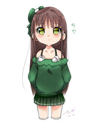 Rule 34 | 1girl, aged down, arms behind back, bare shoulders, blunt bangs, bow, brown hair, character name, child, collarbone, commentary request, cowboy shot, cropped legs, dated, flat chest, gochuumon wa usagi desu ka?, green bow, green shirt, green skirt, hair bow, hige (693273545), long hair, long sleeves, looking at viewer, pleated skirt, shirt, signature, simple background, skirt, solo, ujimatsu chiya, white background, white legwear