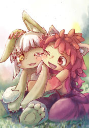 Rule 34 | 1girl, 1other, :3, :d, animal ears, cheek-to-cheek, cheek squash, cuddling, furry, furry female, heads together, highres, made in abyss, megateru, mitty (made in abyss) (furry), nanachi (made in abyss), one eye closed, open mouth, petting, red eyes, red hair, sitting, smile, topless, white hair, yellow eyes
