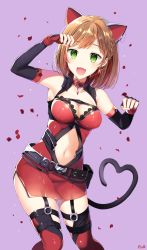Rule 34 | 1girl, :d, animal ears, artist name, bad id, bad pixiv id, belt, blonde hair, braid, breasts, cat ears, cat tail, cleavage, clothing cutout, collar, cowboy shot, dress, earrings, elbow gloves, fang, fingerless gloves, french braid, garter straps, gem, gloves, green eyes, heart, heart tail, idolmaster, idolmaster cinderella girls, jewelry, lace, lace-trimmed dress, lace trim, looking at viewer, maekawa miku, medium breasts, medium hair, navel, navel cutout, open mouth, paw pose, pinb, purple background, short dress, simple background, sleeveless, sleeveless dress, smile, solo, standing, tail, thighhighs