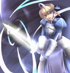 Rule 34 | 1girl, a-na, ahoge, armor, armored dress, artoria pendragon (fate), blonde hair, dress, excalibur (fate/stay night), fate/stay night, fate (series), gauntlets, glowing, glowing sword, glowing weapon, green eyes, hair ribbon, puffy sleeves, ribbon, saber (fate), solo, sword, weapon