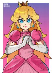 Rule 34 | blonde hair, blue eyes, cracking knuckles, crown, dent, dirty, dirty clothes, dress, earrings, elbow gloves, eyebrows, gloves, highres, jewelry, long hair, looking at viewer, mag (magdraws), mario (series), nintendo, pink dress, princess peach, puffy short sleeves, puffy sleeves, short sleeves, smile, swept bangs, the super mario bros. movie, torn clothes
