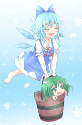 Rule 34 | 2girls, barefoot, bell, blue hair, bow, bucket, cirno, closed eyes, flying, gradient background, green eyes, green hair, hair bell, hair bow, hair ornament, heart, heart-shaped pupils, ice, ice wings, in bucket, in container, kisume, mickeysmith, multiple girls, open mouth, snowflakes, sparkle, symbol-shaped pupils, touhou, twintails, wings