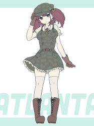Rule 34 | 1girl, alternate costume, atlanta (kancolle), blue eyes, blush, boots, breasts, brown footwear, brown gloves, character name, dress, earrings, frilled sleeves, frills, gloves, green dress, green hat, hat, highres, jewelry, kantai collection, knee boots, large breasts, neck ribbon, ribbon, shirt, simoyuki, simple background, single earring, solo, star (symbol), star earrings, thighhighs, two-tone background, two side up, white shirt, white thighhighs, yellow ribbon